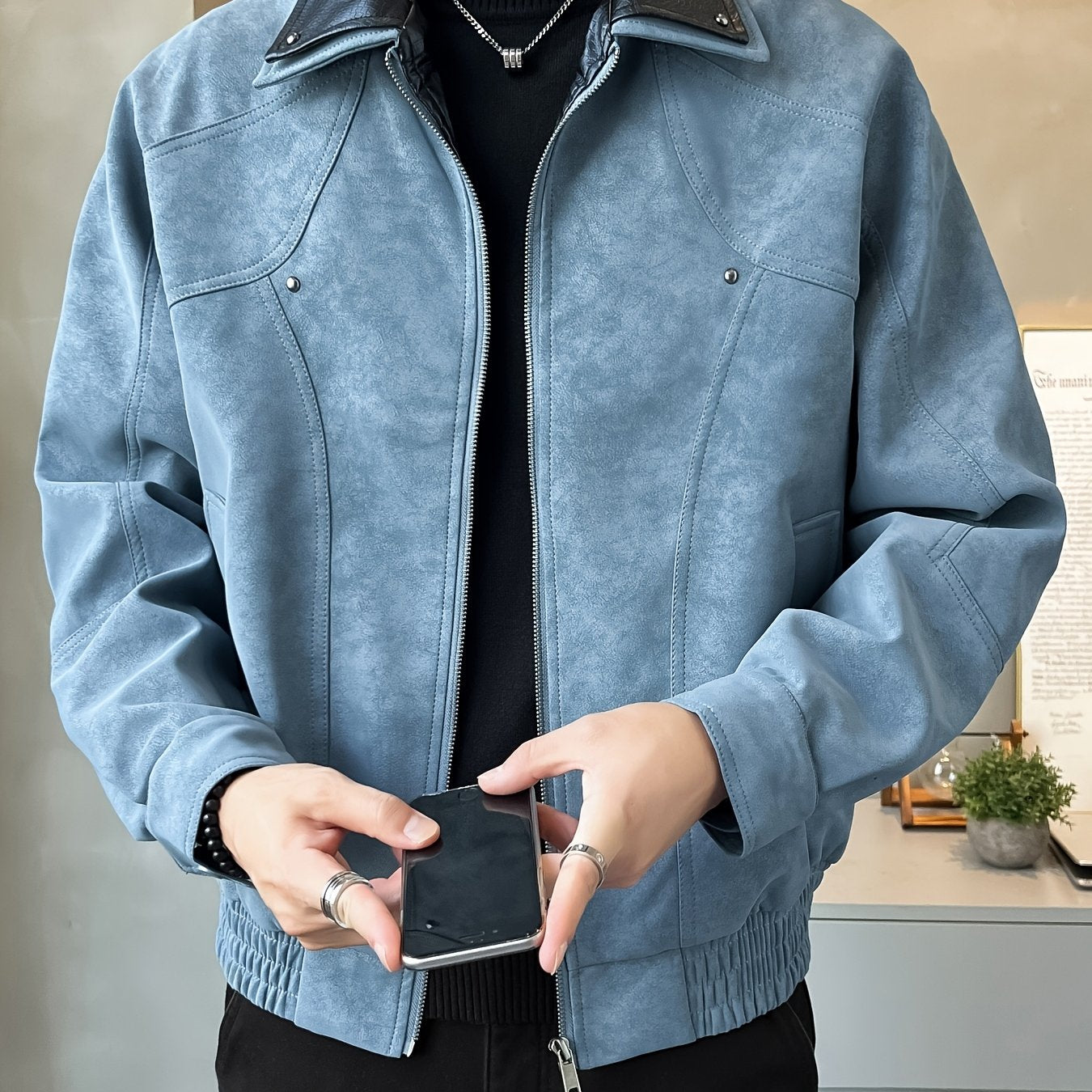 Chaqueta Casual de Cuero Sintético para Hombre - Abrigo Holgado de Manga Larga con Cremallera y Hombros Caídos, Cuello de Dos Capas y Bolsillos