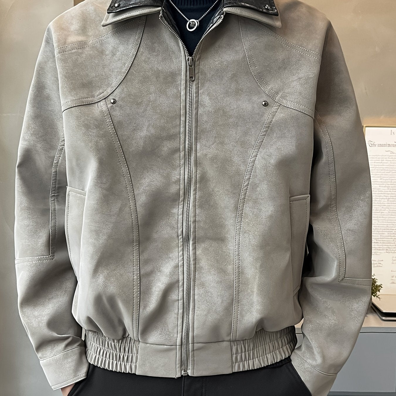 Chaqueta Casual de Cuero Sintético para Hombre - Abrigo Holgado de Manga Larga con Cremallera y Hombros Caídos, Cuello de Dos Capas y Bolsillos