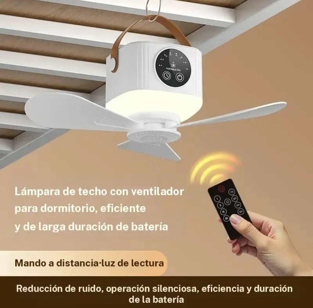 Ventilador de techo portátil silencioso con luz LED y ventilador, recargable