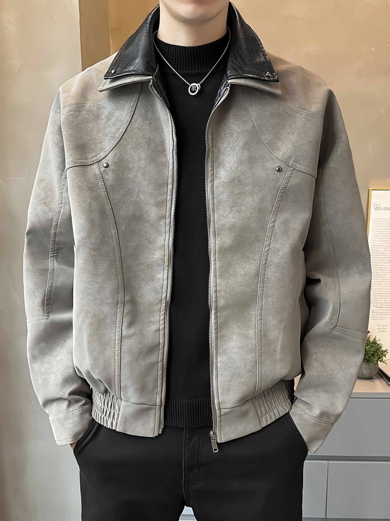 Chaqueta Casual de Cuero Sintético para Hombre - Abrigo Holgado de Manga Larga con Cremallera y Hombros Caídos, Cuello de Dos Capas y Bolsillos