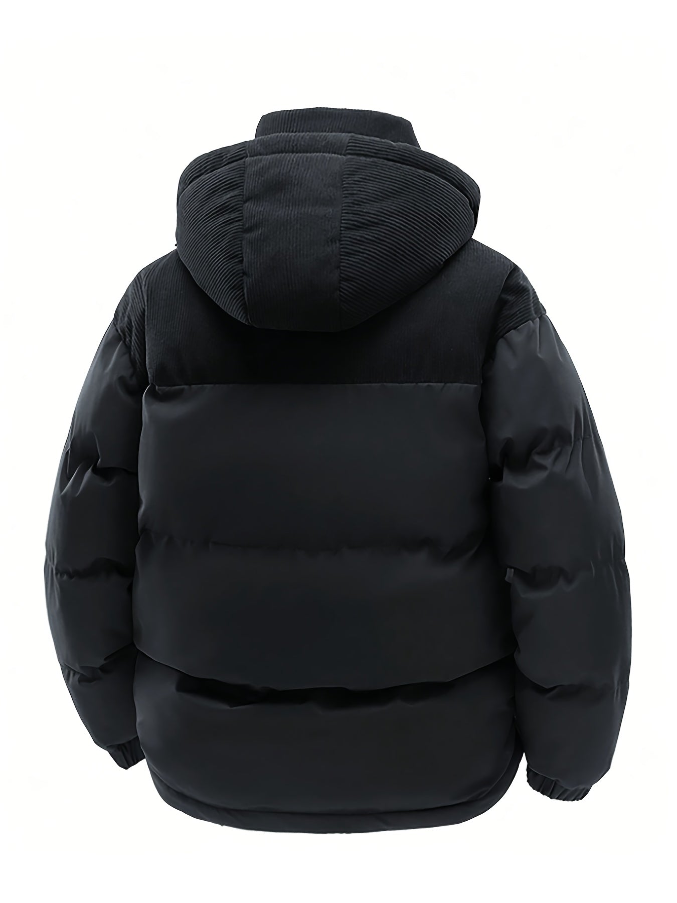 Nueva chaqueta de moda con detalles de panel de corduroy. Este estilo de pareja con forro y capucha cuenta con aislamiento reforzado para el calor y un ajuste suelto, perfecto como capa exterior de invierno