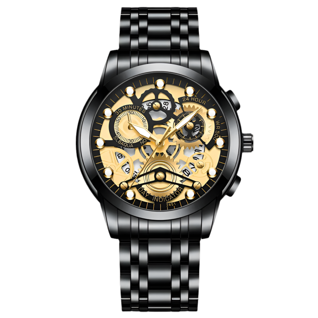 Reloj de negocios para hombre, diseño de esqueleto, estilo mecánico de moda, acero inoxidable, movimiento de cuarzo, calendario, reloj de pulsera impermeable para hombre.