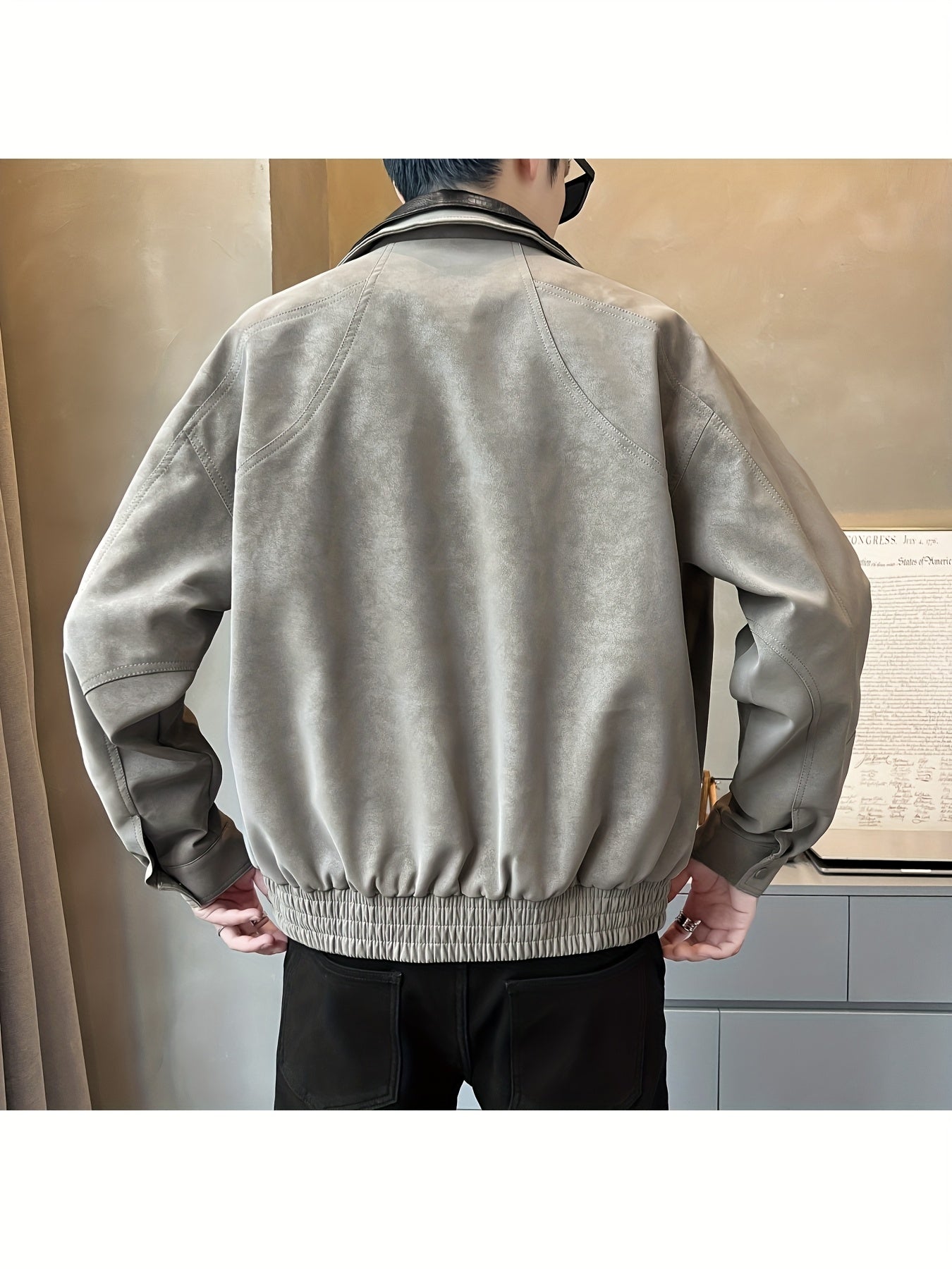 Chaqueta Casual de Cuero Sintético para Hombre - Abrigo Holgado de Manga Larga con Cremallera y Hombros Caídos, Cuello de Dos Capas y Bolsillos
