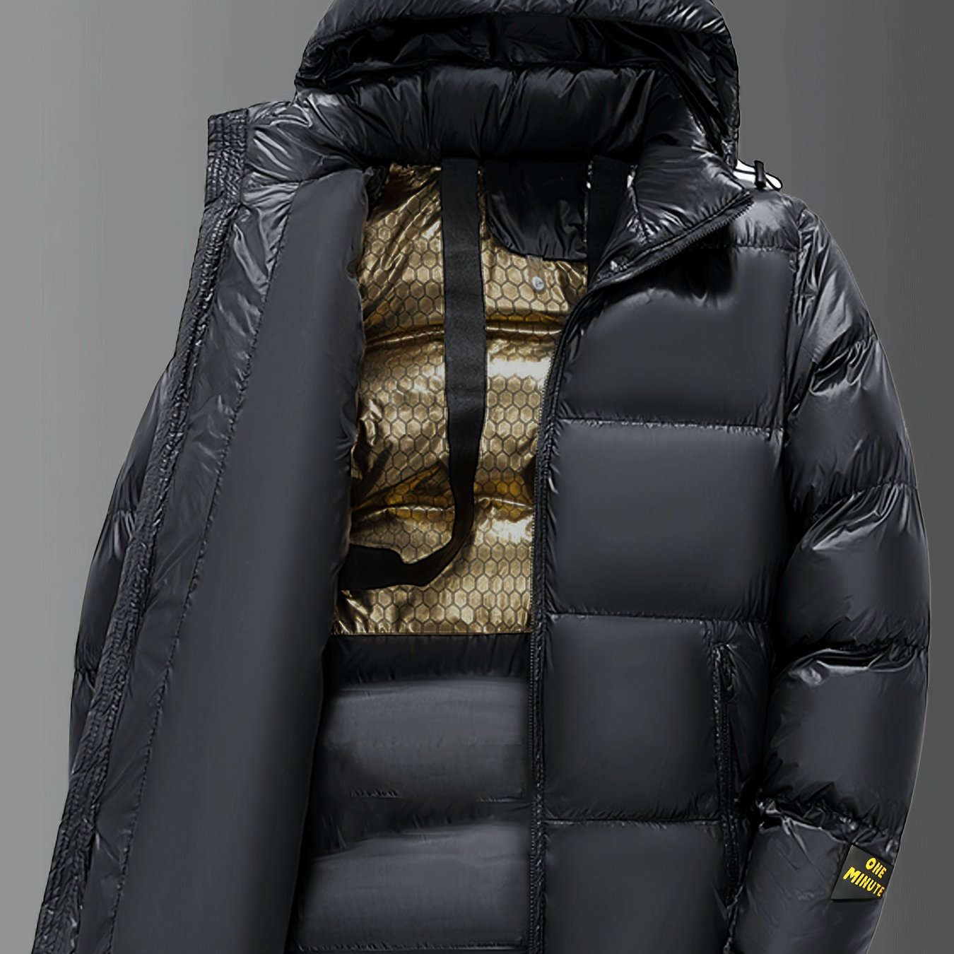 Chaqueta de Invierno para Hombre de Alta Resistencia con Capucha - Grado Marino - Abrigo Acolchado, Cremallera Dorada y Bolsillos con Letras