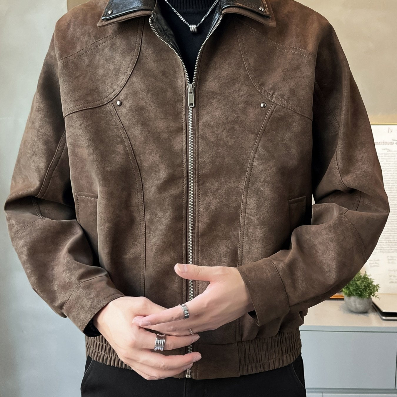 Chaqueta Casual de Cuero Sintético para Hombre - Abrigo Holgado de Manga Larga con Cremallera y Hombros Caídos, Cuello de Dos Capas y Bolsillos