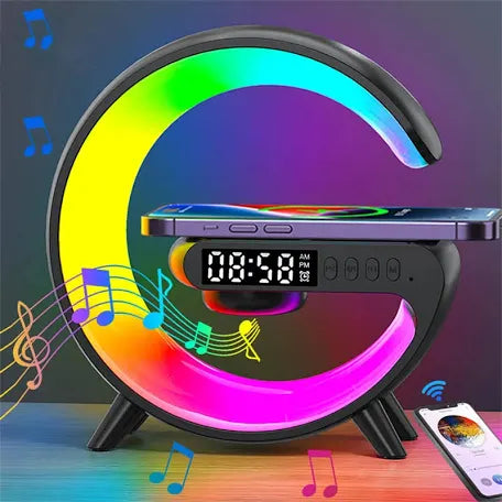Color blanco y negro Cargador inalámbrico para IPhone forma G, luces led multicolor lámpara mesa , cargador con altavoces y alarma