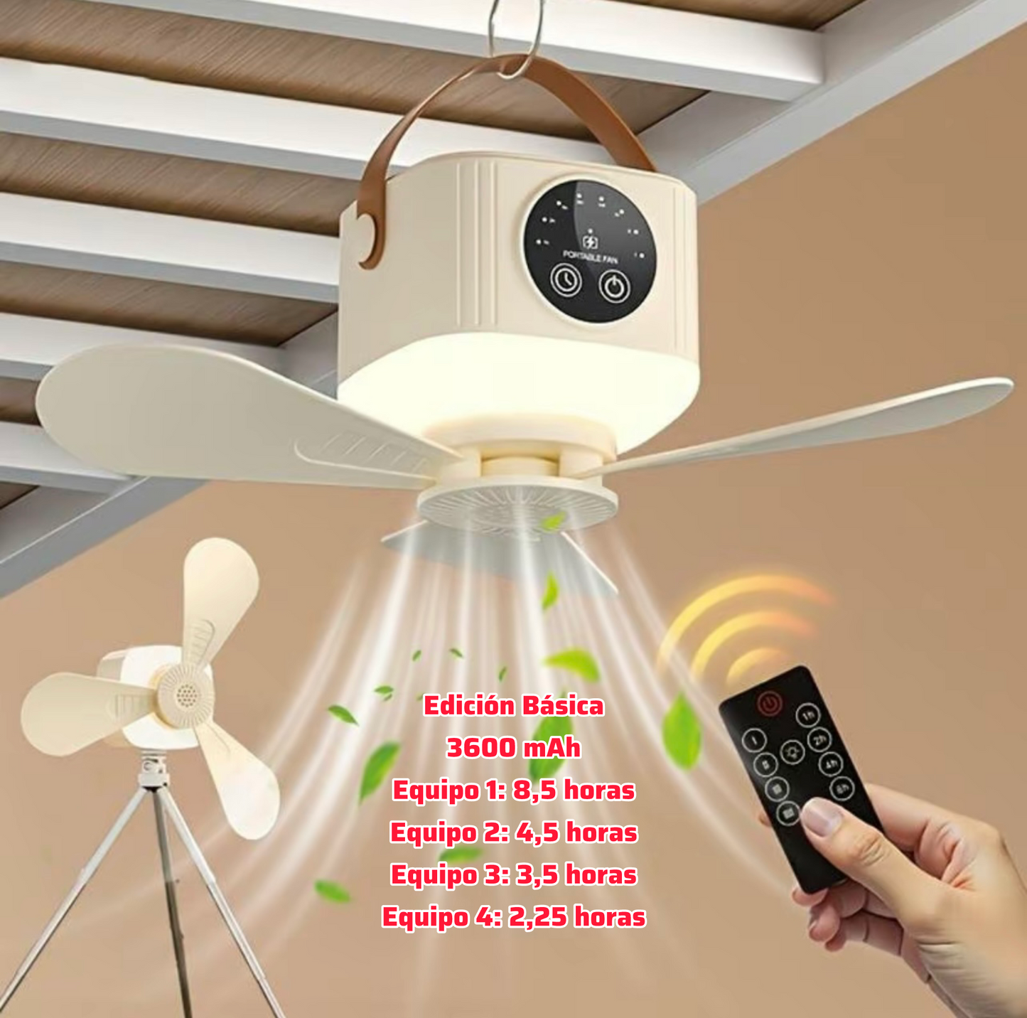 Ventilador de techo portátil silencioso con luz LED y ventilador, recargable