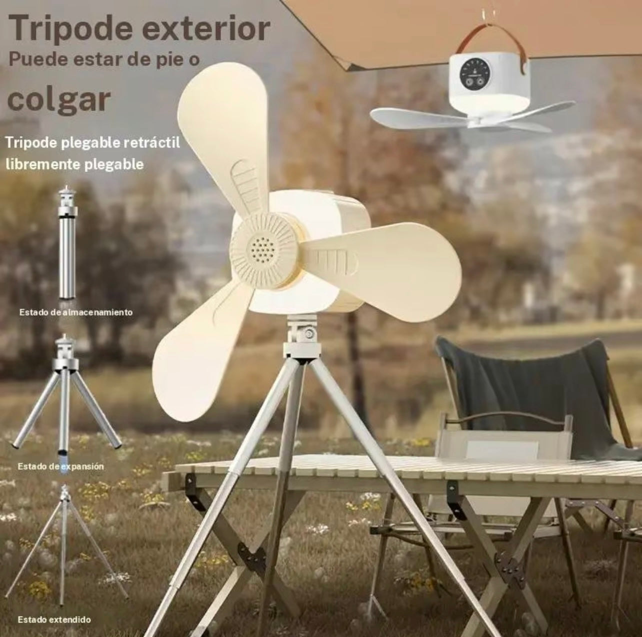 Ventilador de techo portátil silencioso con luz LED y ventilador, recargable