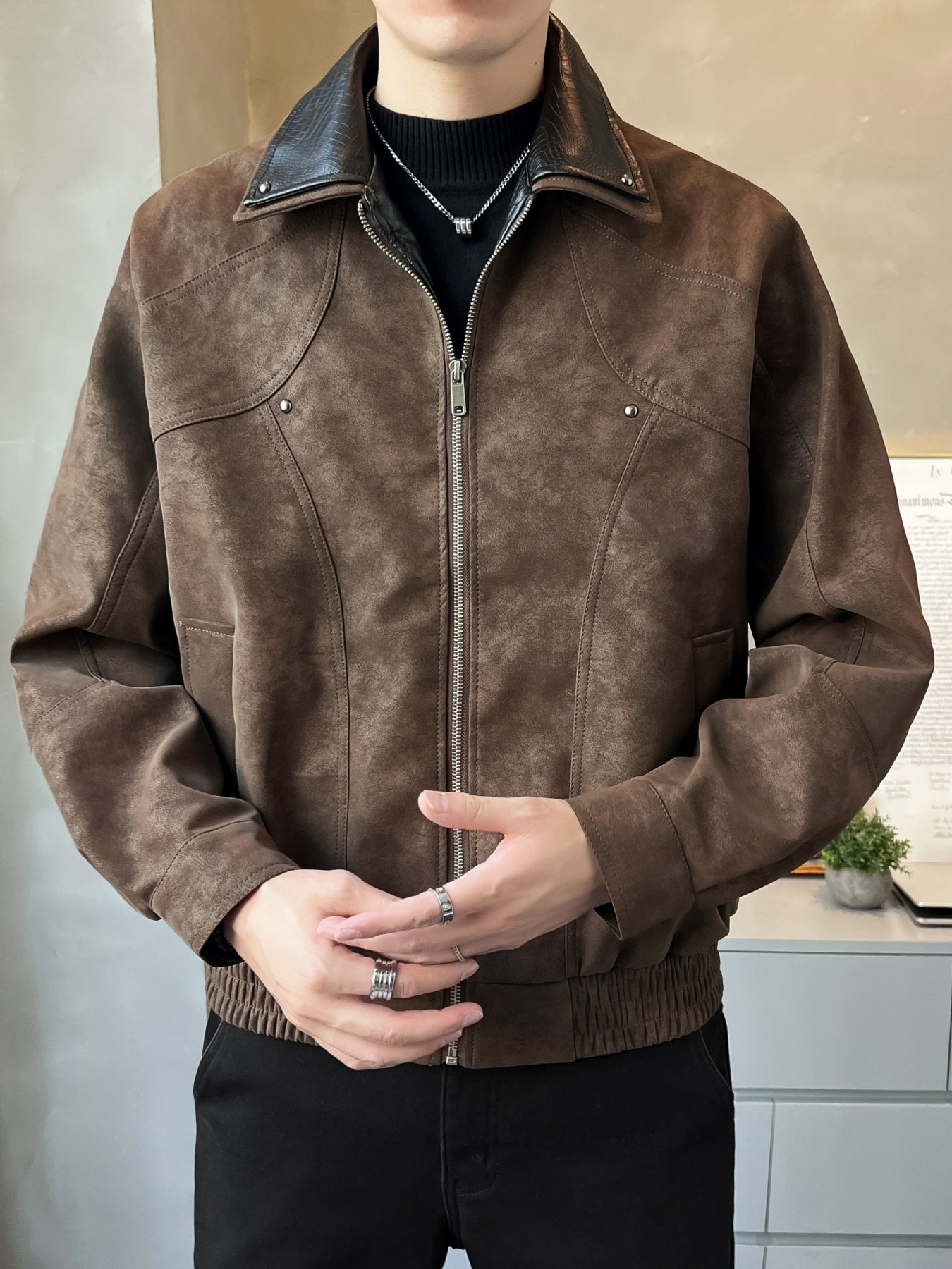 Chaqueta Casual de Cuero Sintético para Hombre - Abrigo Holgado de Manga Larga con Cremallera y Hombros Caídos, Cuello de Dos Capas y Bolsillos