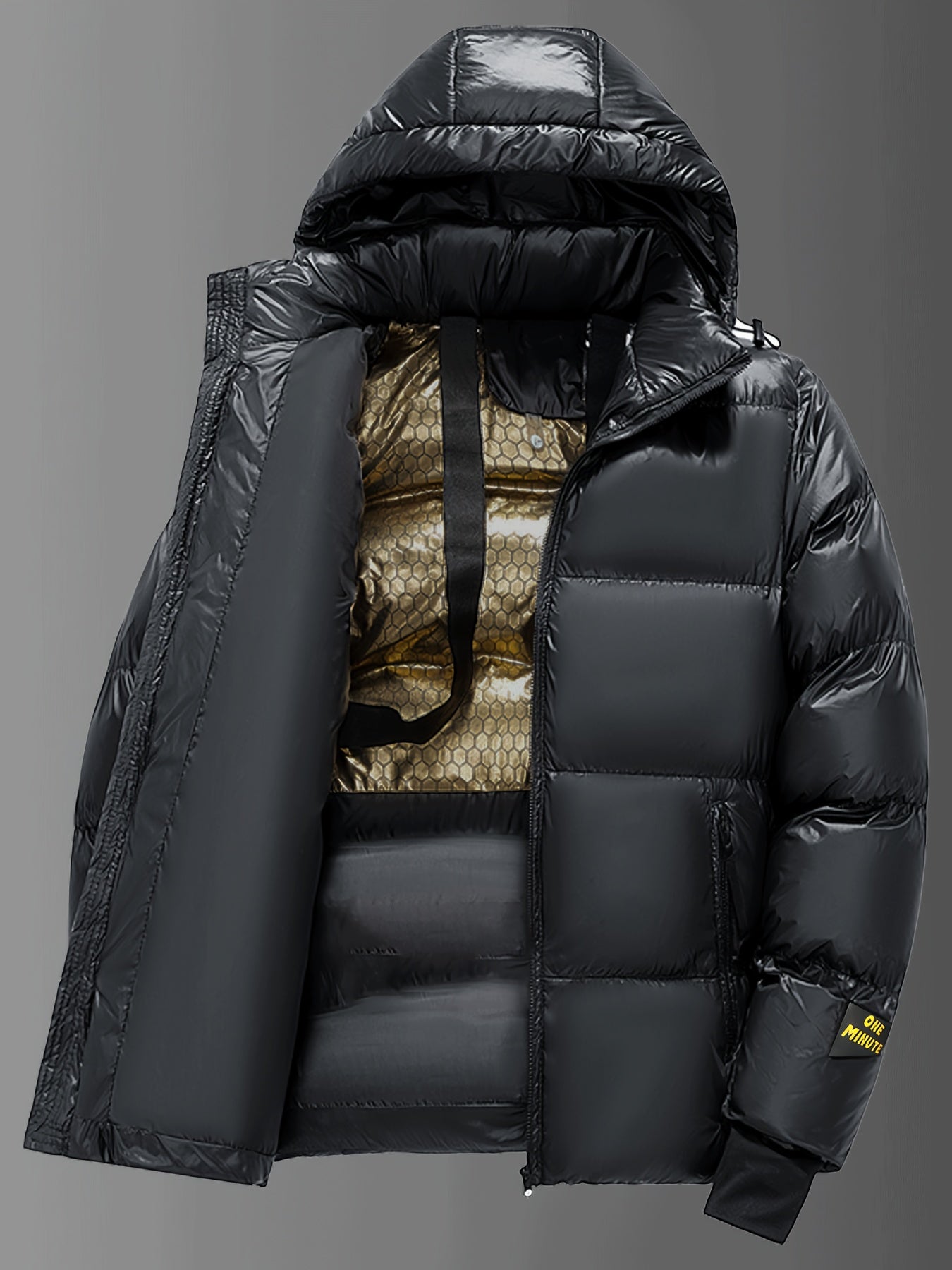 Chaqueta de Invierno para Hombre de Alta Resistencia con Capucha - Grado Marino - Abrigo Acolchado, Cremallera Dorada y Bolsillos con Letras