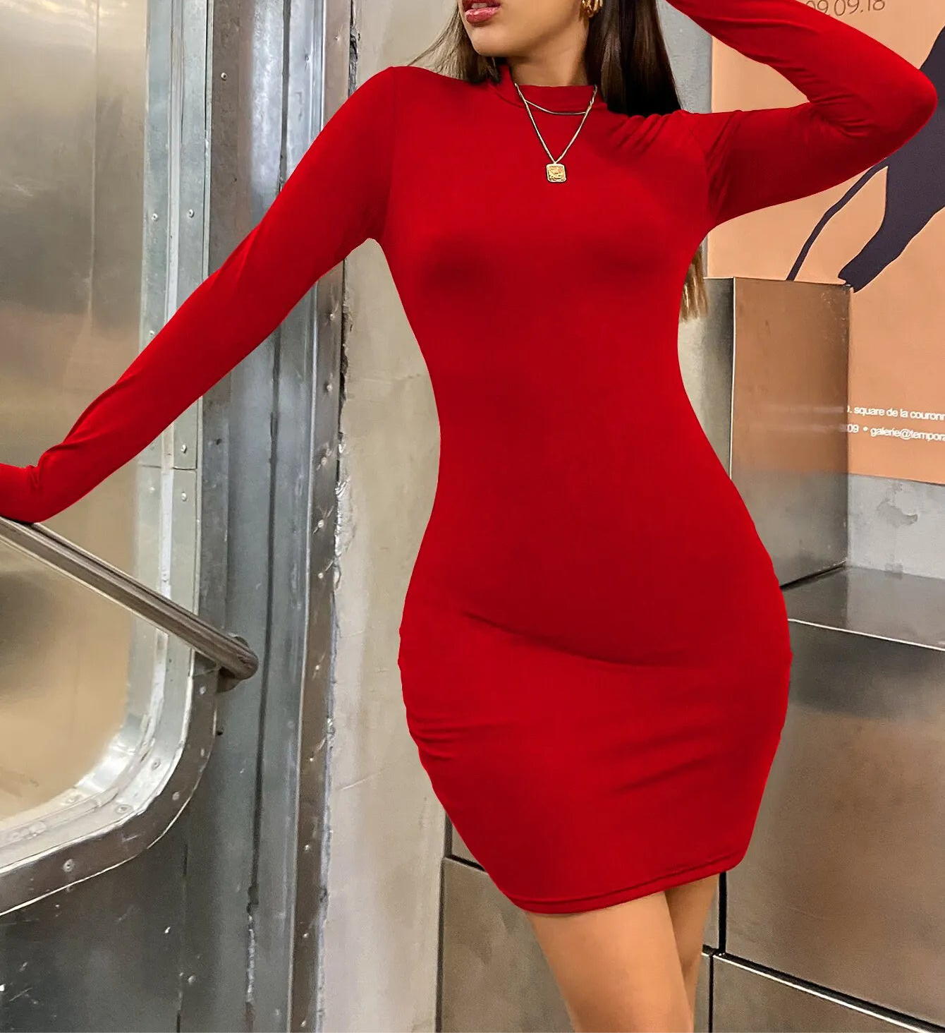 Vestido mini ajustado de manga larga para mujer, cuello alto, plisado, fruncido, para fiesta, noche, club, color liso