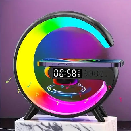 Color blanco y negro Cargador inalámbrico para IPhone forma G, luces led multicolor lámpara mesa , cargador con altavoces y alarma
