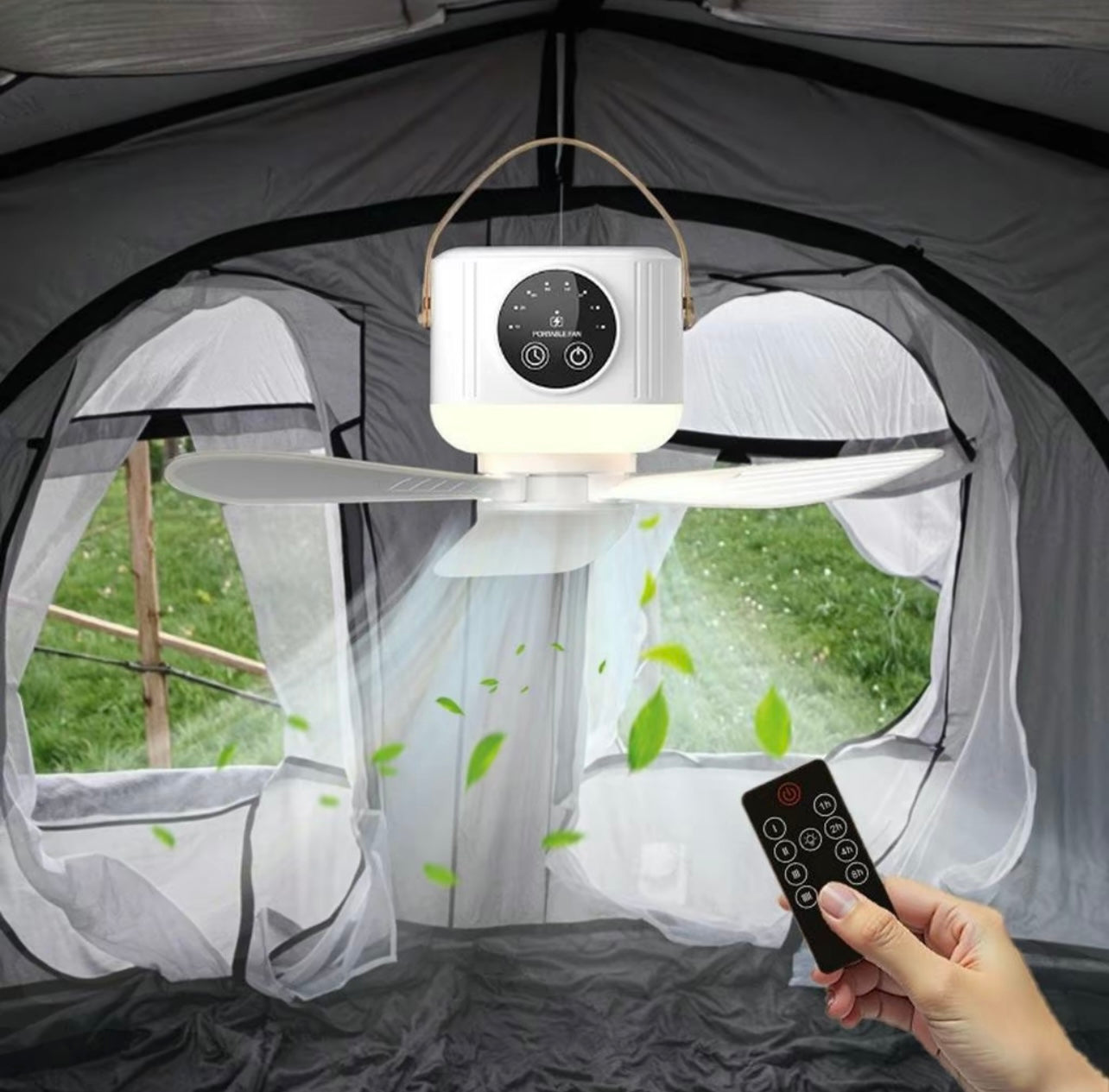 Ventilador de techo portátil silencioso con luz LED y ventilador, recargable