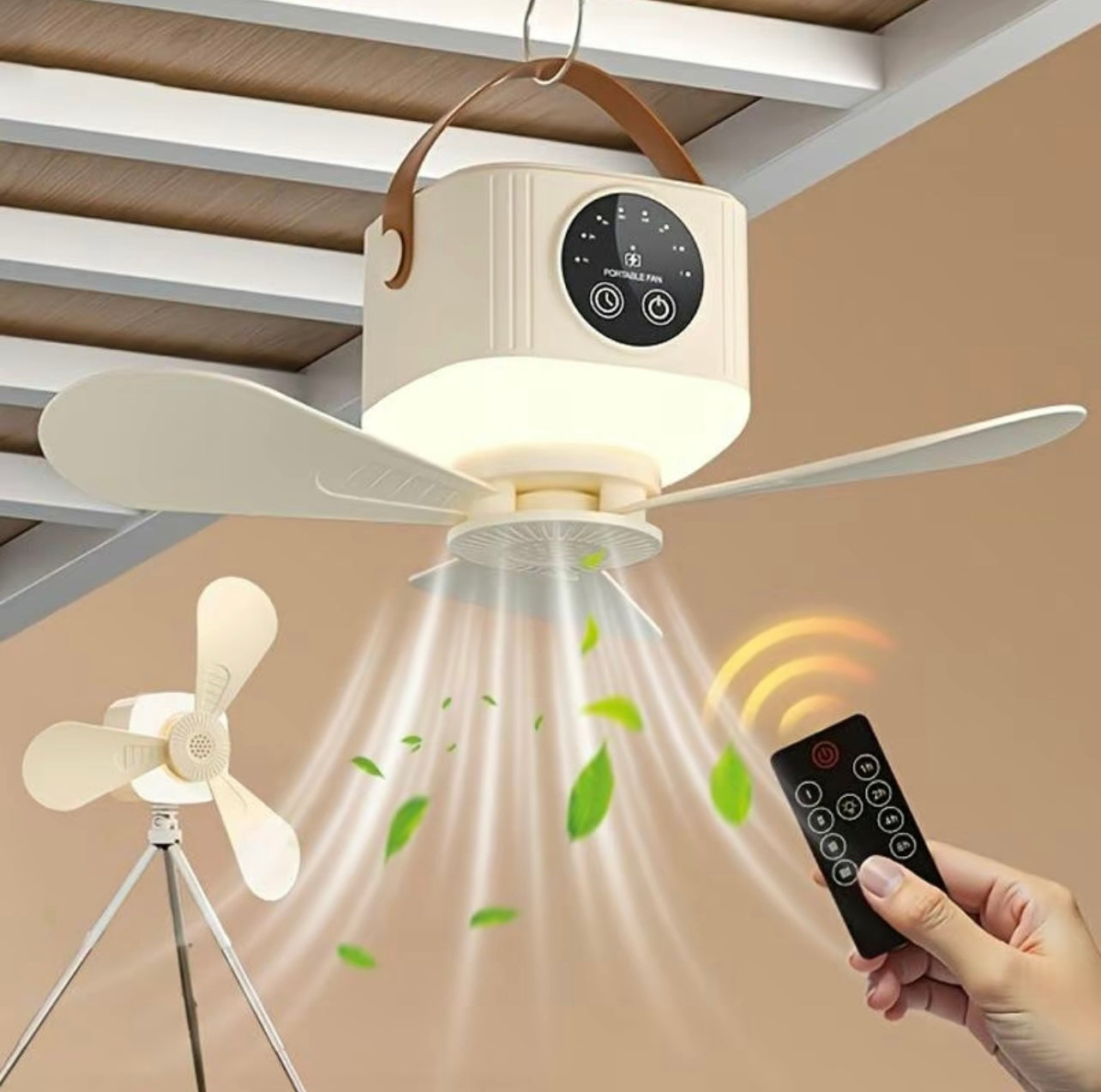 Ventilador de techo portátil silencioso con luz LED y ventilador, recargable