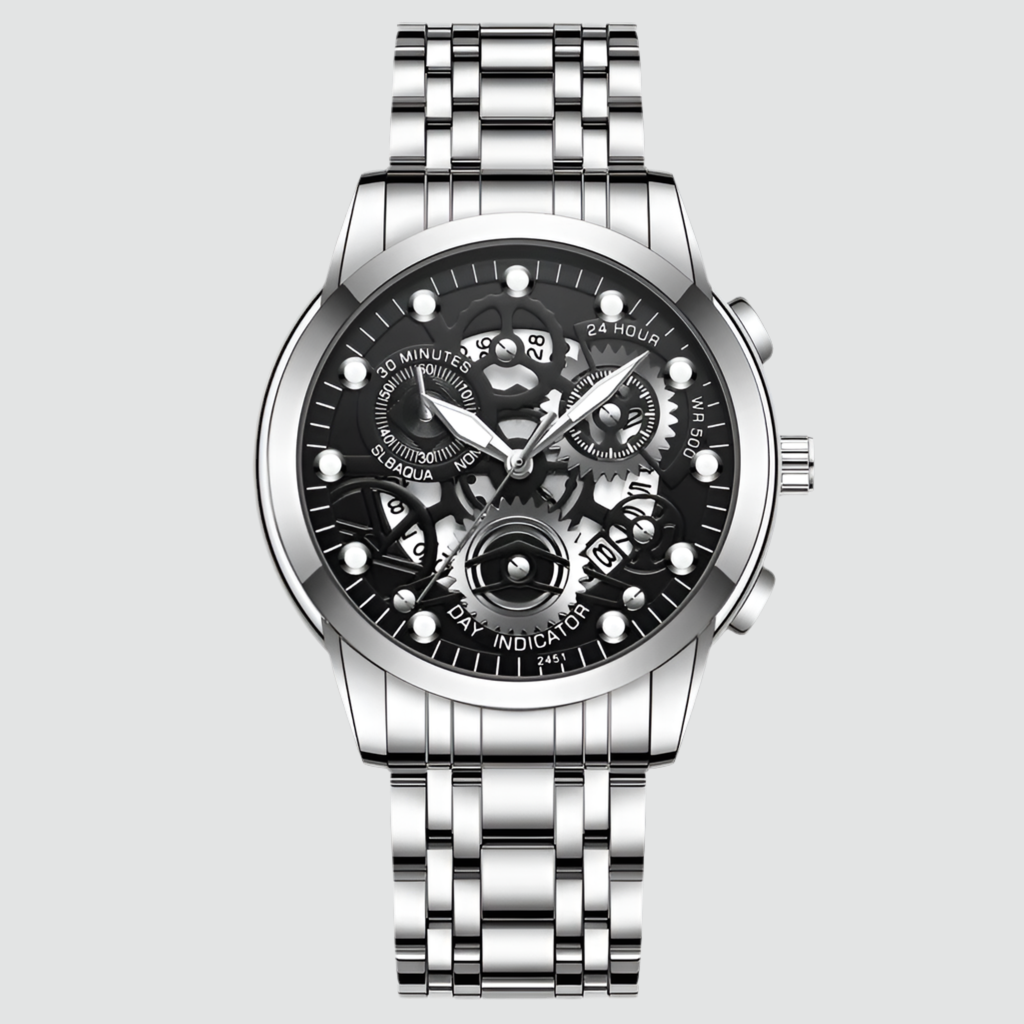 Reloj de negocios para hombre, diseño de esqueleto, estilo mecánico de moda, acero inoxidable, movimiento de cuarzo, calendario, reloj de pulsera impermeable para hombre.