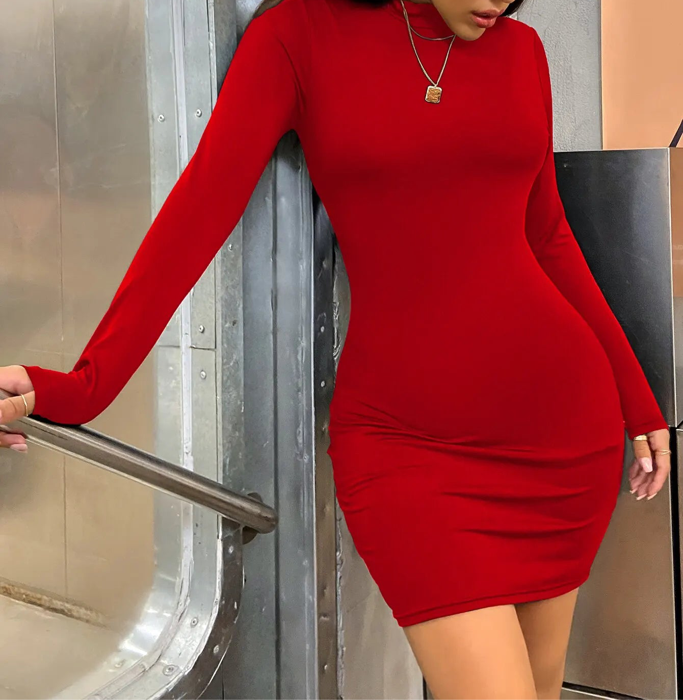 Vestido mini ajustado de manga larga para mujer, cuello alto, plisado, fruncido, para fiesta, noche, club, color liso