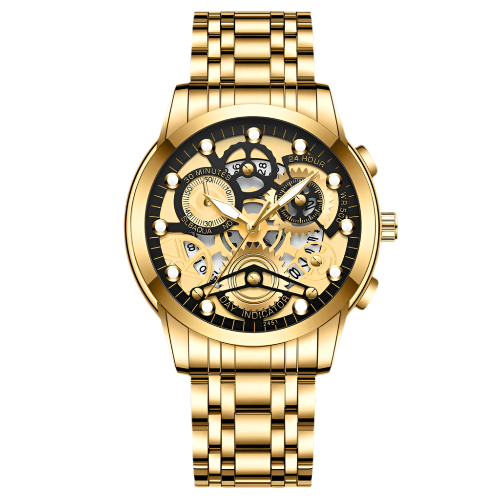 Reloj de negocios para hombre, diseño de esqueleto, estilo mecánico de moda, acero inoxidable, movimiento de cuarzo, calendario, reloj de pulsera impermeable para hombre.