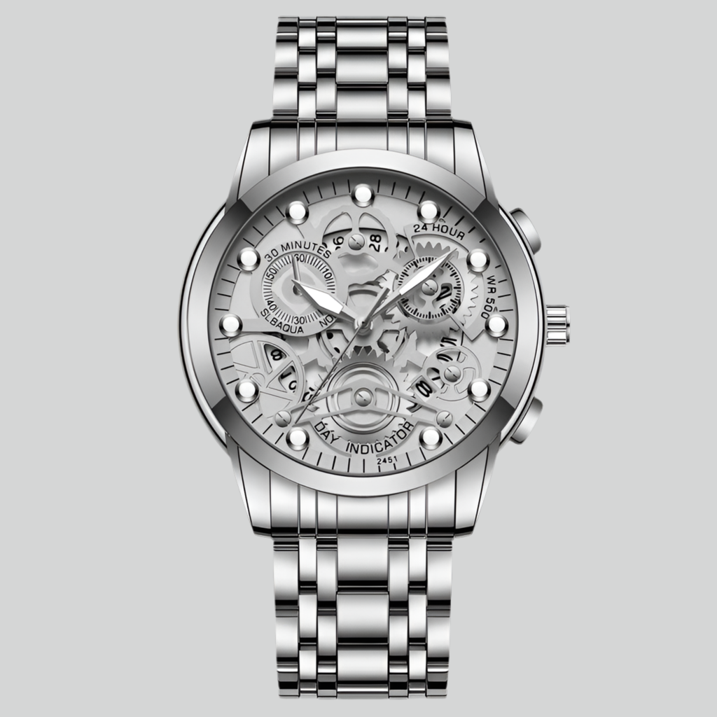 Reloj de negocios para hombre, diseño de esqueleto, estilo mecánico de moda, acero inoxidable, movimiento de cuarzo, calendario, reloj de pulsera impermeable para hombre.