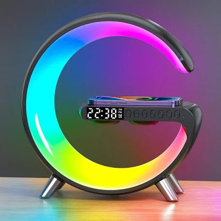 Color blanco y negro Cargador inalámbrico para IPhone forma G, luces led multicolor lámpara mesa , cargador con altavoces y alarma