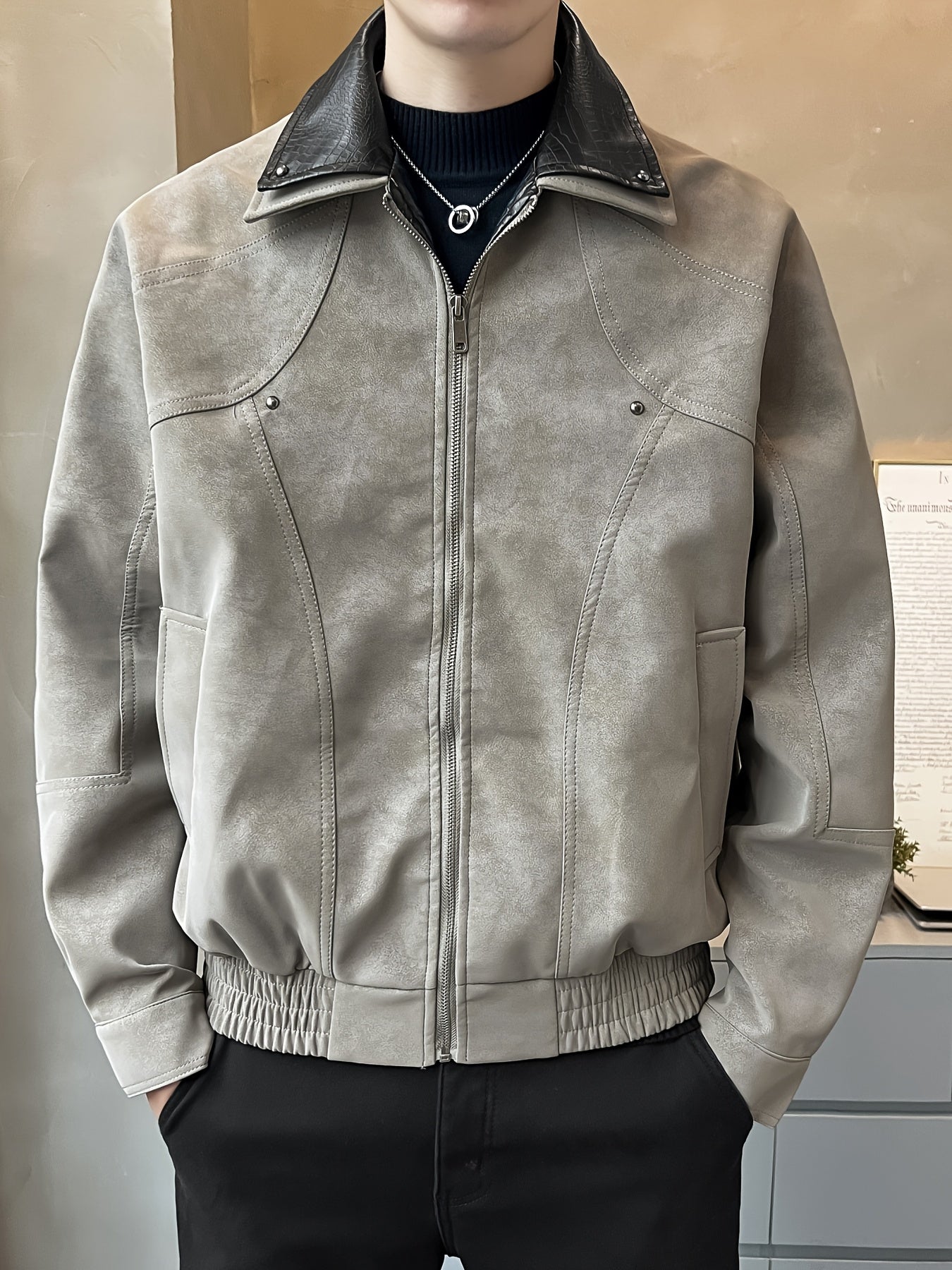 Chaqueta Casual de Cuero Sintético para Hombre - Abrigo Holgado de Manga Larga con Cremallera y Hombros Caídos, Cuello de Dos Capas y Bolsillos