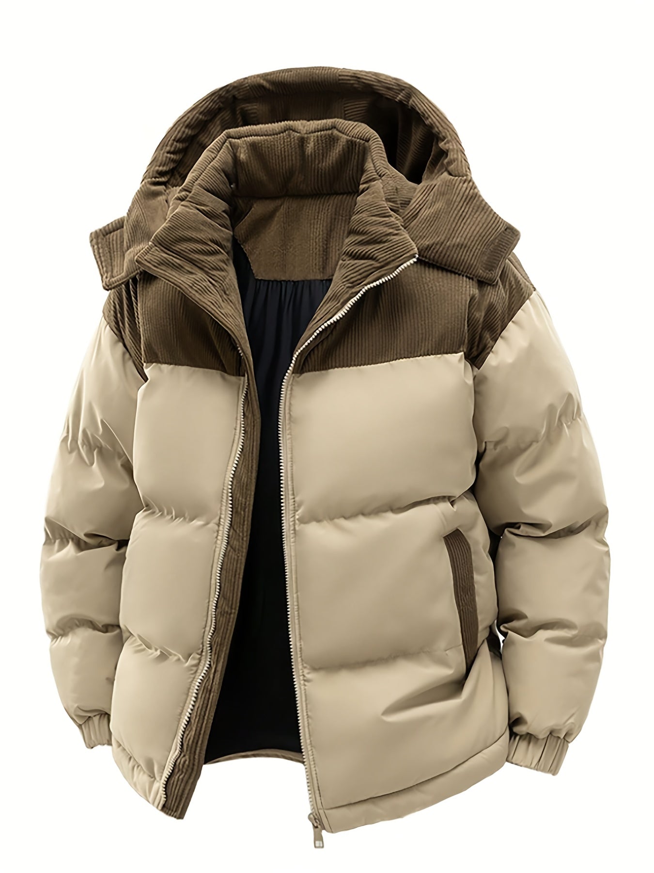 Nueva chaqueta de moda con detalles de panel de corduroy. Este estilo de pareja con forro y capucha cuenta con aislamiento reforzado para el calor y un ajuste suelto, perfecto como capa exterior de invierno