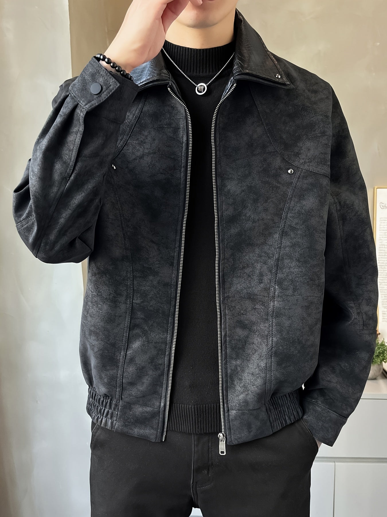 Chaqueta Casual de Cuero Sintético para Hombre - Abrigo Holgado de Manga Larga con Cremallera y Hombros Caídos, Cuello de Dos Capas y Bolsillos
