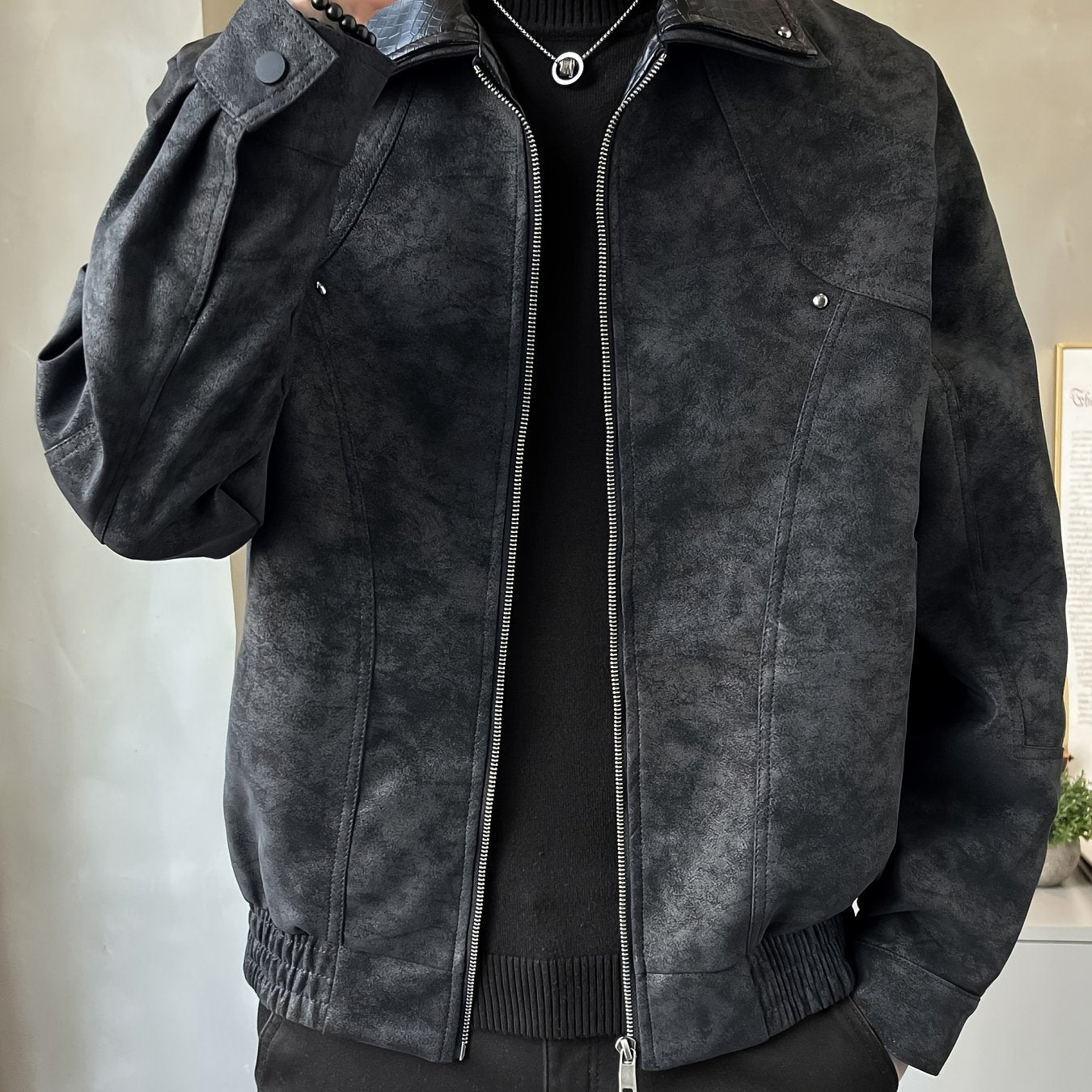 Chaqueta Casual de Cuero Sintético para Hombre - Abrigo Holgado de Manga Larga con Cremallera y Hombros Caídos, Cuello de Dos Capas y Bolsillos
