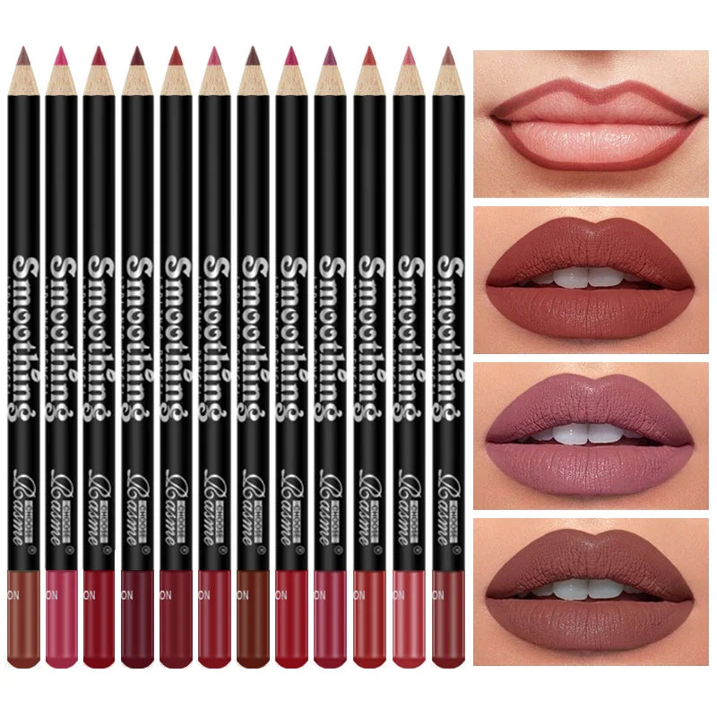 Juego de 12 labiales de larga duración con delineador profesional y brillo labial mate para mujer.