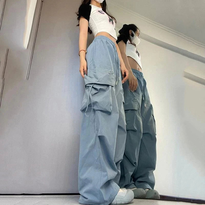 Pantalones para mujer, ropa de calle de cintura alta, pantalones de Hip Hop, pantalones de chándal holgados informales con bolsillos grandes y cordón de cintura baja