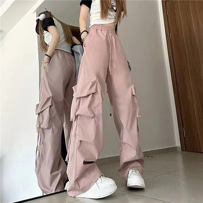 Pantalones para mujer, ropa de calle de cintura alta, pantalones de Hip Hop, pantalones de chándal holgados informales con bolsillos grandes y cordón de cintura baja