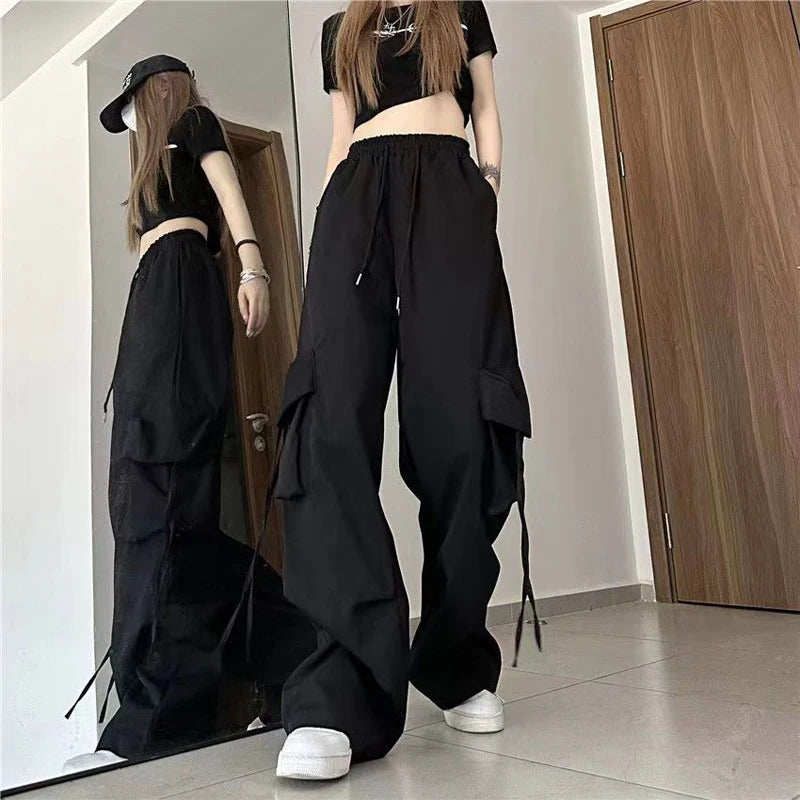 Pantalones para mujer, ropa de calle de cintura alta, pantalones de Hip Hop, pantalones de chándal holgados informales con bolsillos grandes y cordón de cintura baja