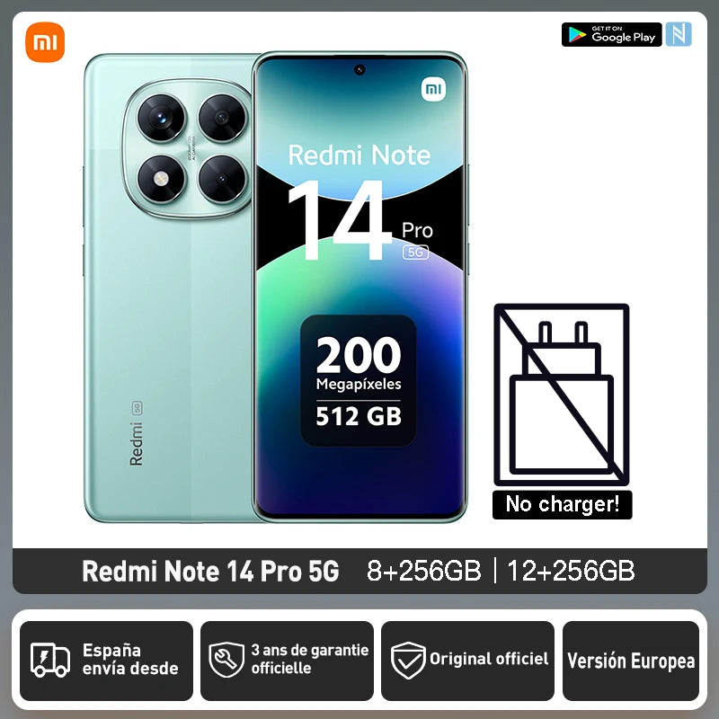 Xiaomi Redmi Note 14 Pro 5G Versión Europea 256 GB/512 GB MTK Dimensity 7300-Ultra Pantalla AMOLED de 6,67" 120 Hz Cámara principal de 200 MP OIS Carga de 45 W, IP68, NFC
