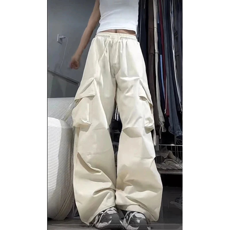 Pantalones para mujer, ropa de calle de cintura alta, pantalones de Hip Hop, pantalones de chándal holgados informales con bolsillos grandes y cordón de cintura baja