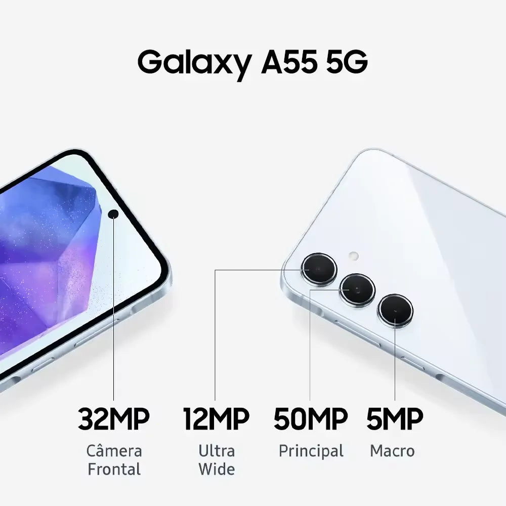 Samsung Galaxy A55 5G, smartphone con Exynos 1480, cámara de 50 MP, pantalla Super AMOLED FHD+ de 6,6", 120 Hz, carga rápida de 25 W y 5000 mAh.
