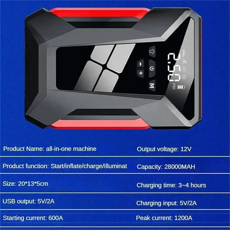 Démarreur de voiture multifonctionnel, pompe à air 28000mAh, alimentation de secours automobile, gonfleur de pneu 150PSI, banque d'alimentation avec sac