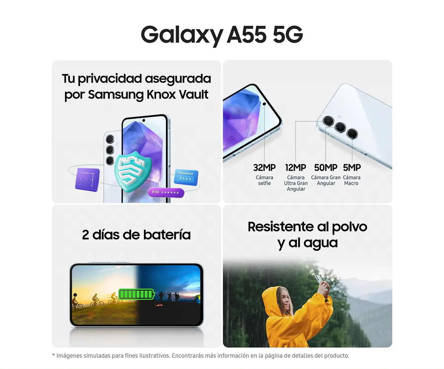 Samsung Galaxy A55 5G, smartphone con Exynos 1480, cámara de 50 MP, pantalla Super AMOLED FHD+ de 6,6", 120 Hz, carga rápida de 25 W y 5000 mAh.
