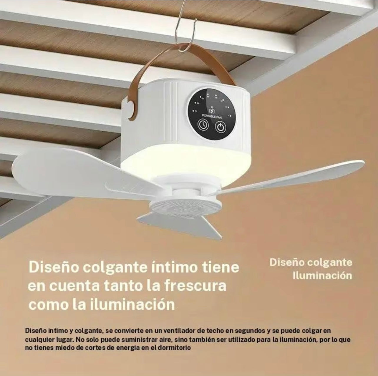 Ventilador de techo portátil silencioso con luz LED y ventilador, recargable