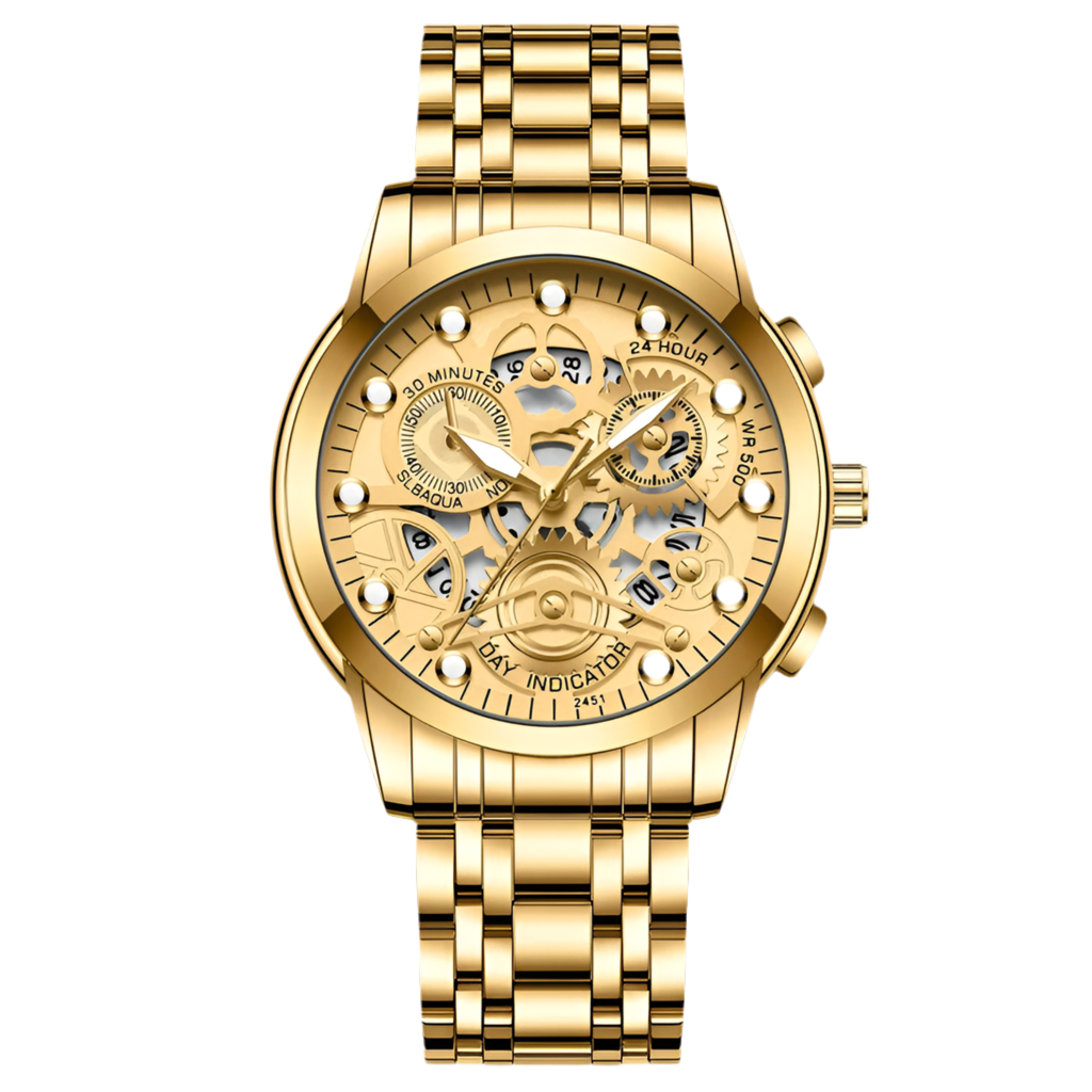 Reloj de negocios para hombre, diseño de esqueleto, estilo mecánico de moda, acero inoxidable, movimiento de cuarzo, calendario, reloj de pulsera impermeable para hombre.
