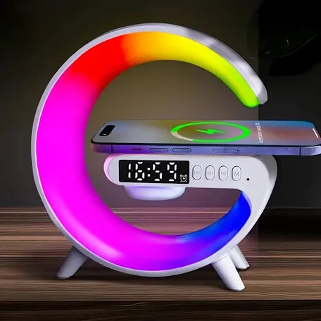 Color blanco y negro Cargador inalámbrico para IPhone forma G, luces led multicolor lámpara mesa , cargador con altavoces y alarma