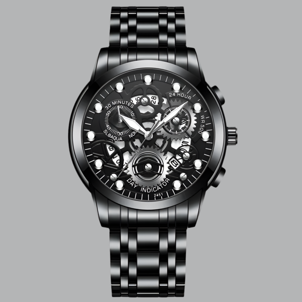 Reloj de negocios para hombre, diseño de esqueleto, estilo mecánico de moda, acero inoxidable, movimiento de cuarzo, calendario, reloj de pulsera impermeable para hombre.