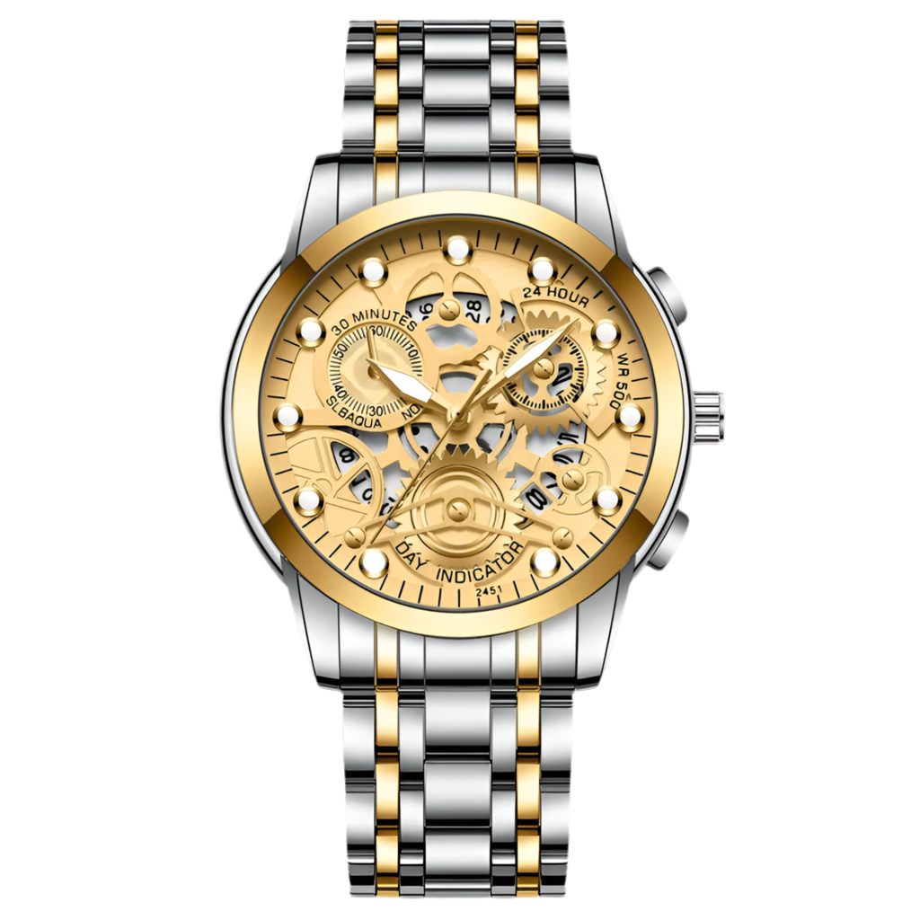 Reloj de negocios para hombre, diseño de esqueleto, estilo mecánico de moda, acero inoxidable, movimiento de cuarzo, calendario, reloj de pulsera impermeable para hombre.