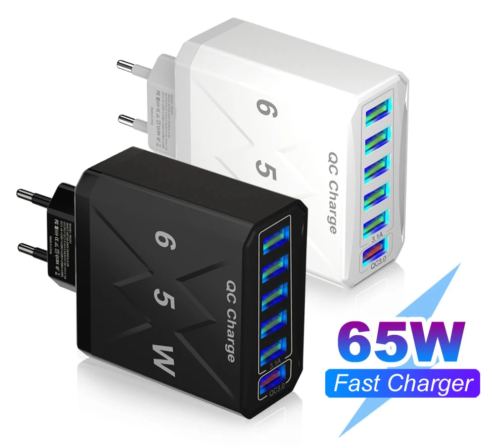 Cargador USB de 6 puertos y 65 W, carga rápida QC3.0, cargador de viaje para iPhone 14, Samsung, Xiaomi, adaptador de teléfono móvil, enchufe UE, KR, EE. UU. y Reino Unido