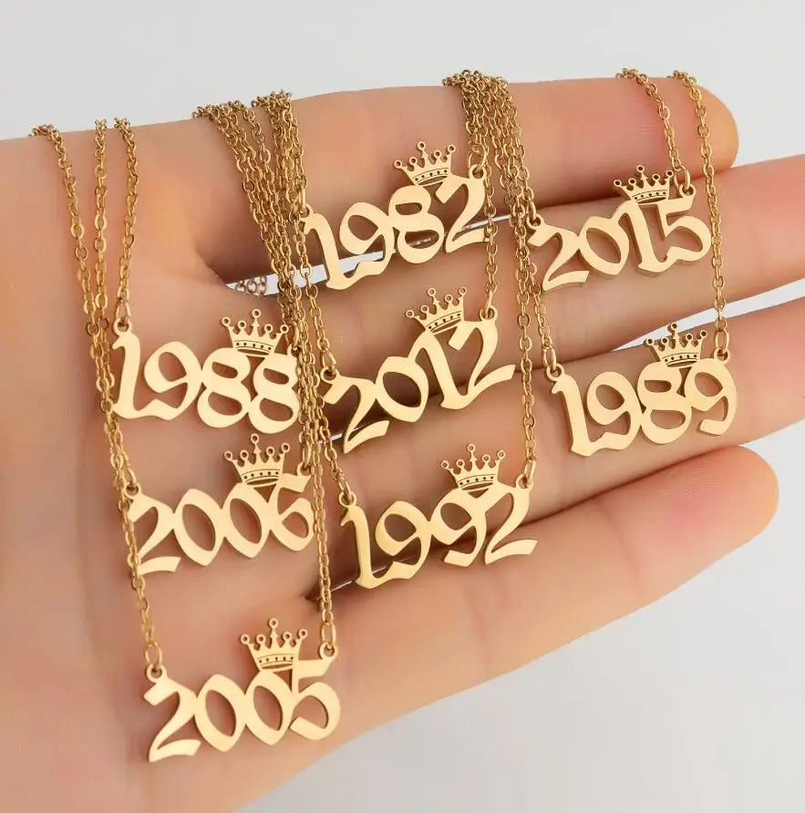 Collares de acero inoxidable con número de año para mujer, tiaras de cumpleaños con fecha única, corona, año 1984, 1999, 1996, 1997 y 2002, gargantilla de regalo
