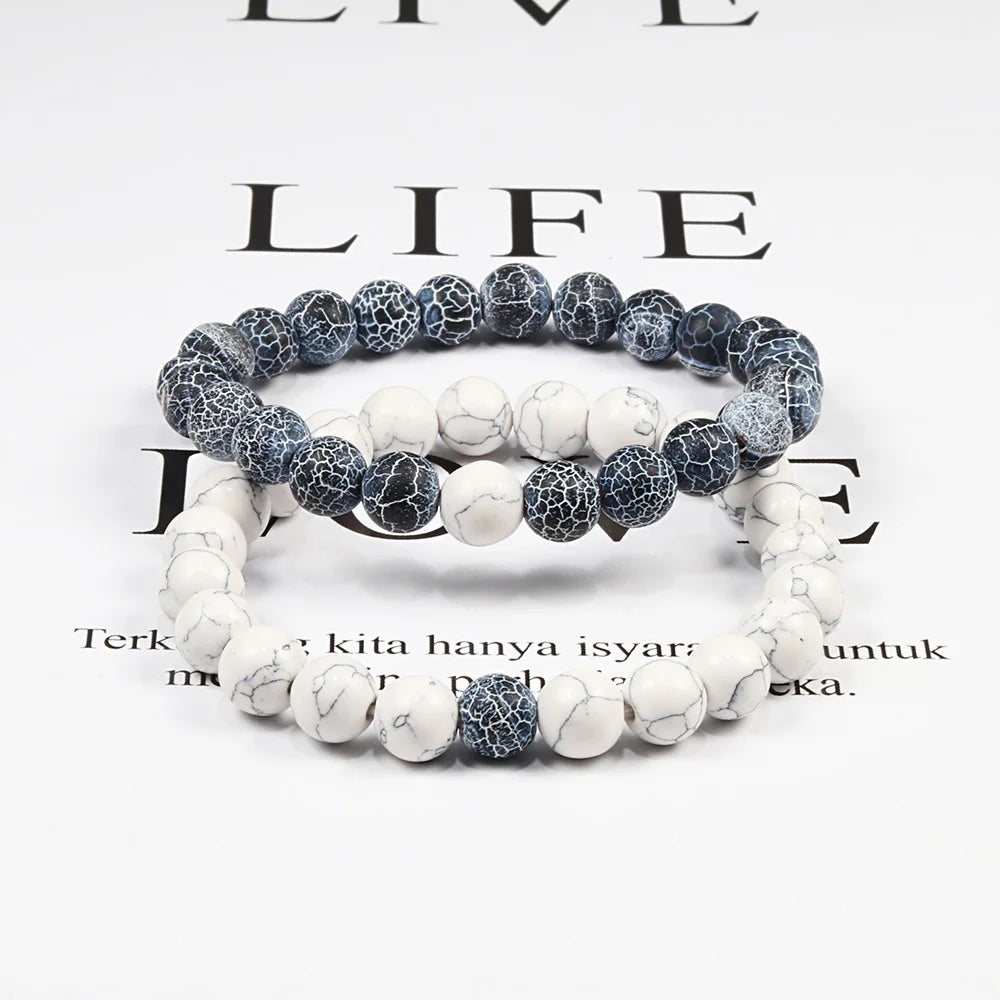 Juego de pulseras para parejas con distancia, color blanco y negro, piedra de lava natural, ojo de tigre, pulseras de yoga con cuentas para hombres y mujeres, joyería de cuerda elástica
