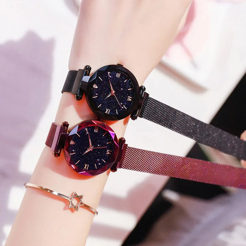 Reloj de lujo para mujer, diseño de cielo estrellado, con correa de malla magnética, reloj de pulsera de moda para mujer