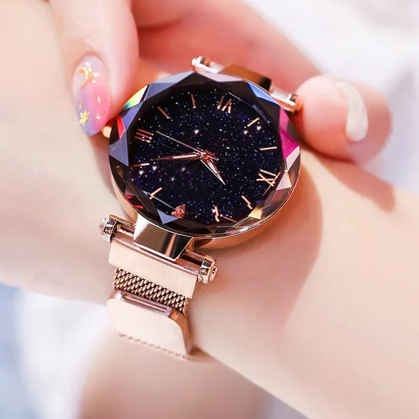 Reloj de lujo para mujer, diseño de cielo estrellado, con correa de malla magnética, reloj de pulsera de moda para mujer