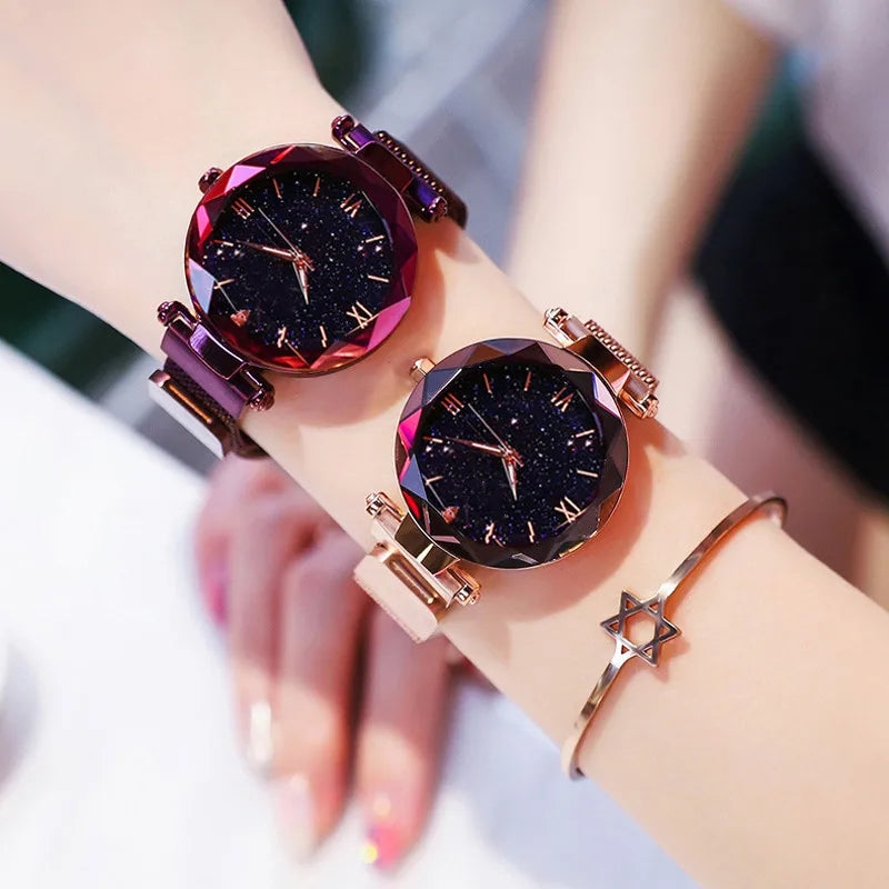 Reloj de lujo para mujer, diseño de cielo estrellado, con correa de malla magnética, reloj de pulsera de moda para mujer
