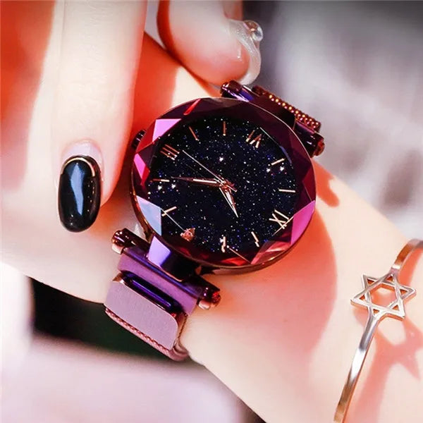 Reloj de lujo para mujer, diseño de cielo estrellado, con correa de malla magnética, reloj de pulsera de moda para mujer