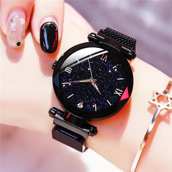 Reloj de lujo para mujer, diseño de cielo estrellado, con correa de malla magnética, reloj de pulsera de moda para mujer