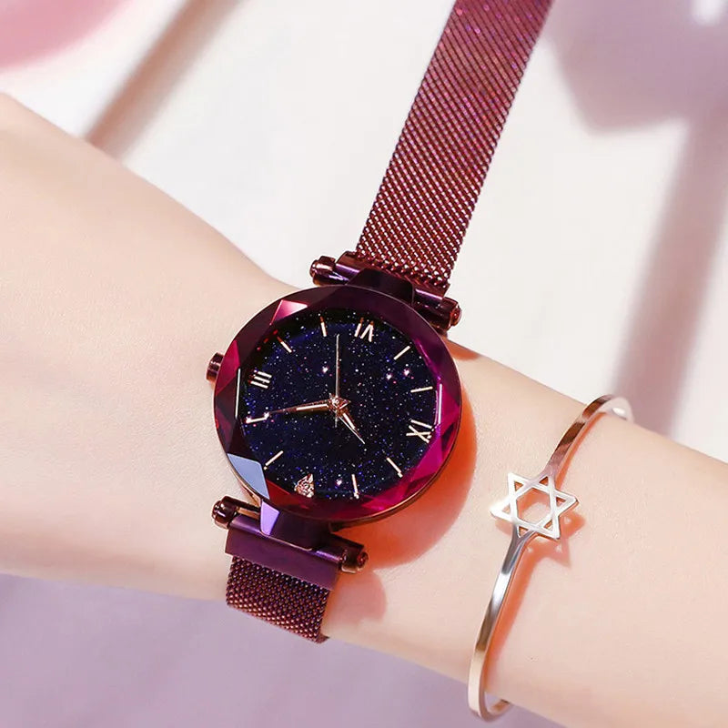 Reloj de lujo para mujer, diseño de cielo estrellado, con correa de malla magnética, reloj de pulsera de moda para mujer